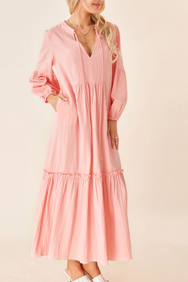 frill-tiered-tie-neck-long-sleeve-dress OhSoStyled - Sophia's Style-1